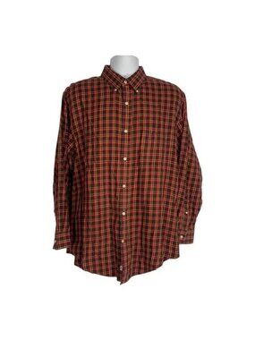 Lands End Mens Tailored Fit Flannel Shirt L 17-33 Plaid Red Cotton Button-Down
